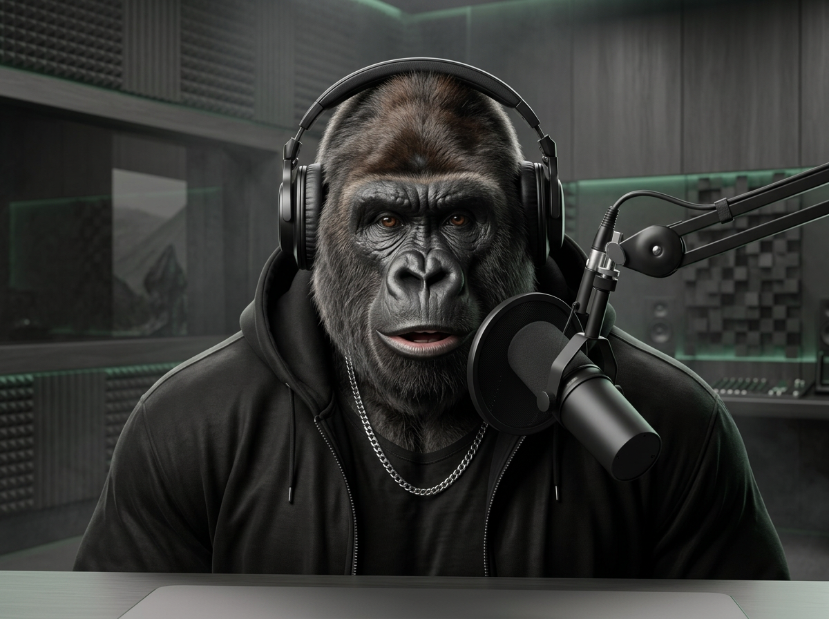 Theman.SOL ape speaking in a recording studio